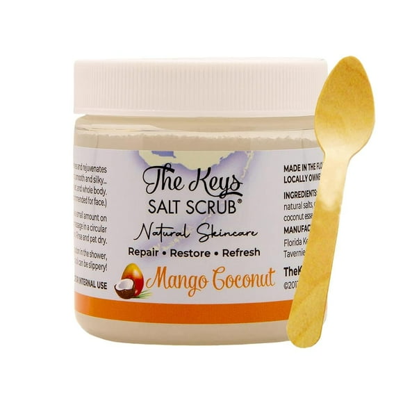 The Keys Sea Salt Scrub - Exfoliating Body Scrub with Wooden Spoon- Foot Scrub and Hand Scrub for men, women- Made with Pure Florida Sea Salt (Mango Coconut, Travel Size 3.4 oz)