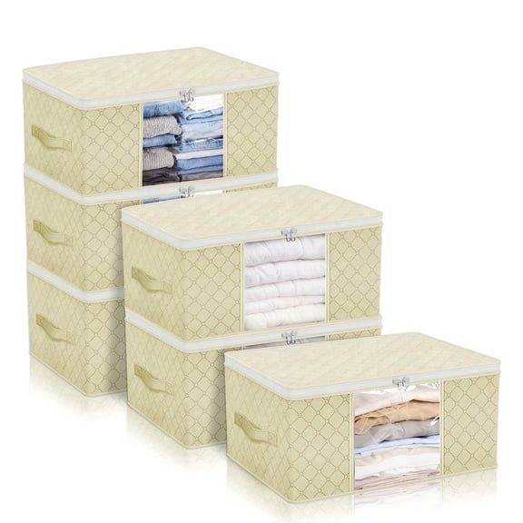 6 Pack Clothes Storage Bins with Lids, 34L Foldable Blanket Storage Bags, Closet Organizers with Reinforced Handle for Clothing, Comforters and Bedding Yellow