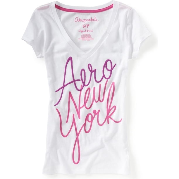 Playera gráfica con cuello en V Aeropostale Aero New York blanca extragrande