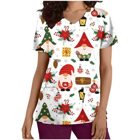 

HAPIMO Clearance Women s Christmas Short Sleeve V-Neck Shirt Working Uniform Candy Cane Snowman Gnom Graphic Printing Pullover Blouse Scrub Tops with Pocket White XXL