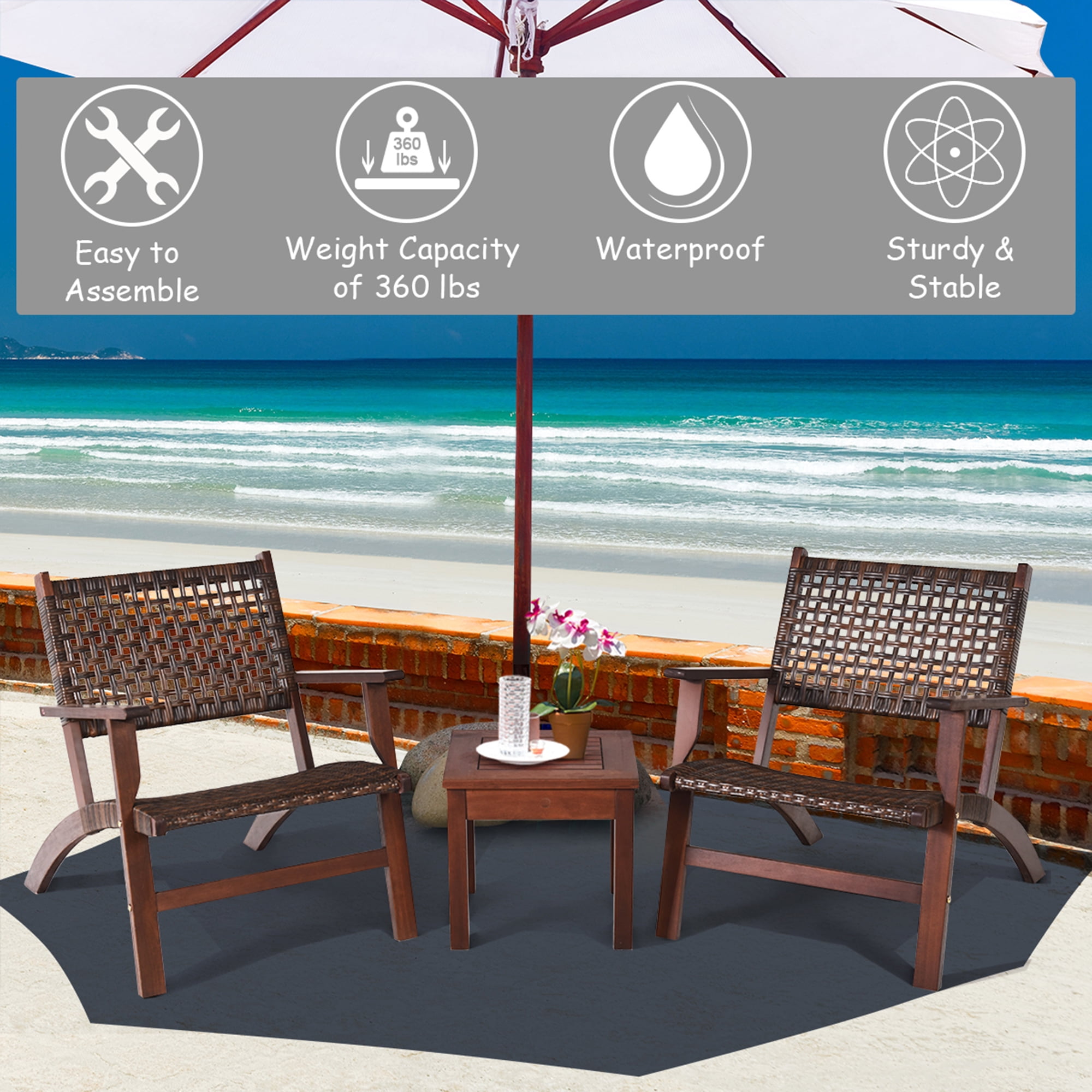 Costway 3PCS  Patio Rattan Furniture Set  Solid Eucalyptus Wood Frame Bistro Set with Coffee Table Patio Conversation Set (Brown)