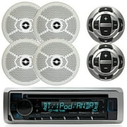 Kenwood Marine In-Dash Single DIN CD Bluetooth USB AUX Receiver, 4x 6.5" 2-Way Round Water Resistant 100 Watt Speakers - White, 2x Kenwood Wired Remote