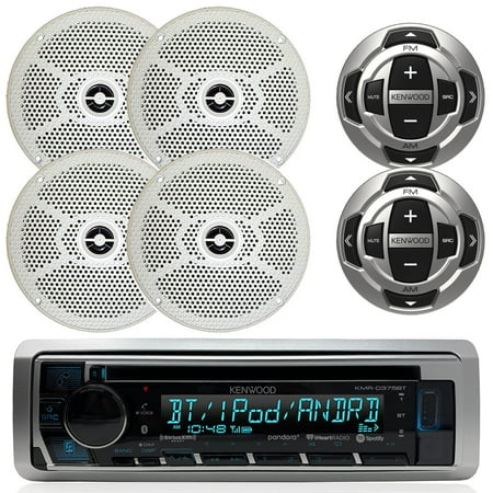 Kenwood Marine In-Dash Single DIN CD Bluetooth USB AUX Receiver, 4x 6.5" 2-Way Round Water Resistant 100 Watt Speakers - White, 2x Kenwood Wired Remote
