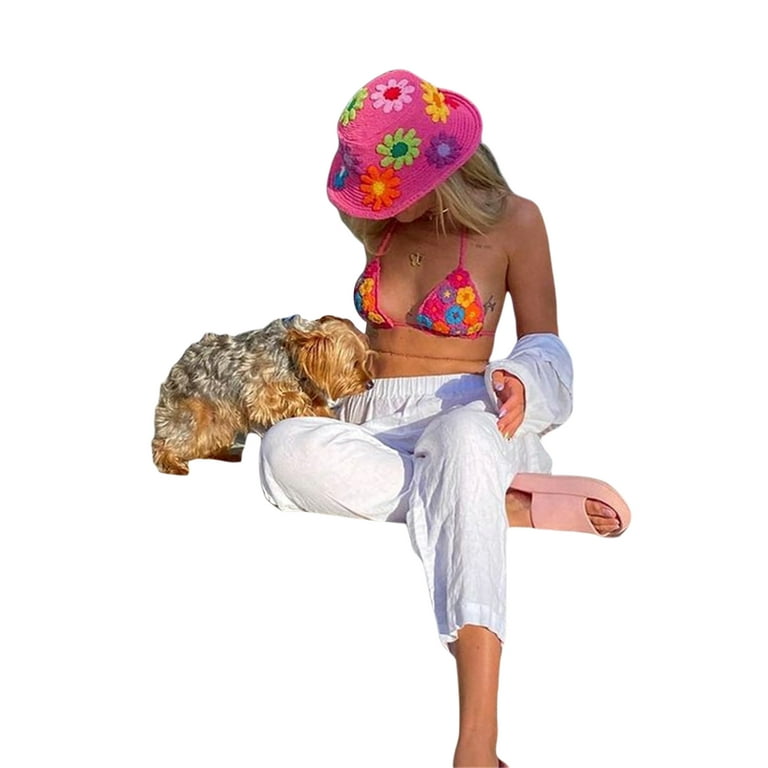 Licupiee Women's Flower Knit Bucket Hat Crochet Fisherman Hats Summer Travel Beach Sun Hat Outdoor Cap Headwear, Size: One size, Pink