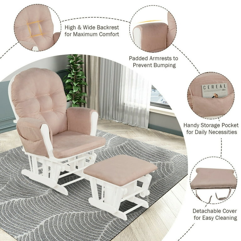 Gymax Baby Nursery Rocking Chair Glider and Ottoman Cushion Set Wood White Finish with Pink Cushions Walmart