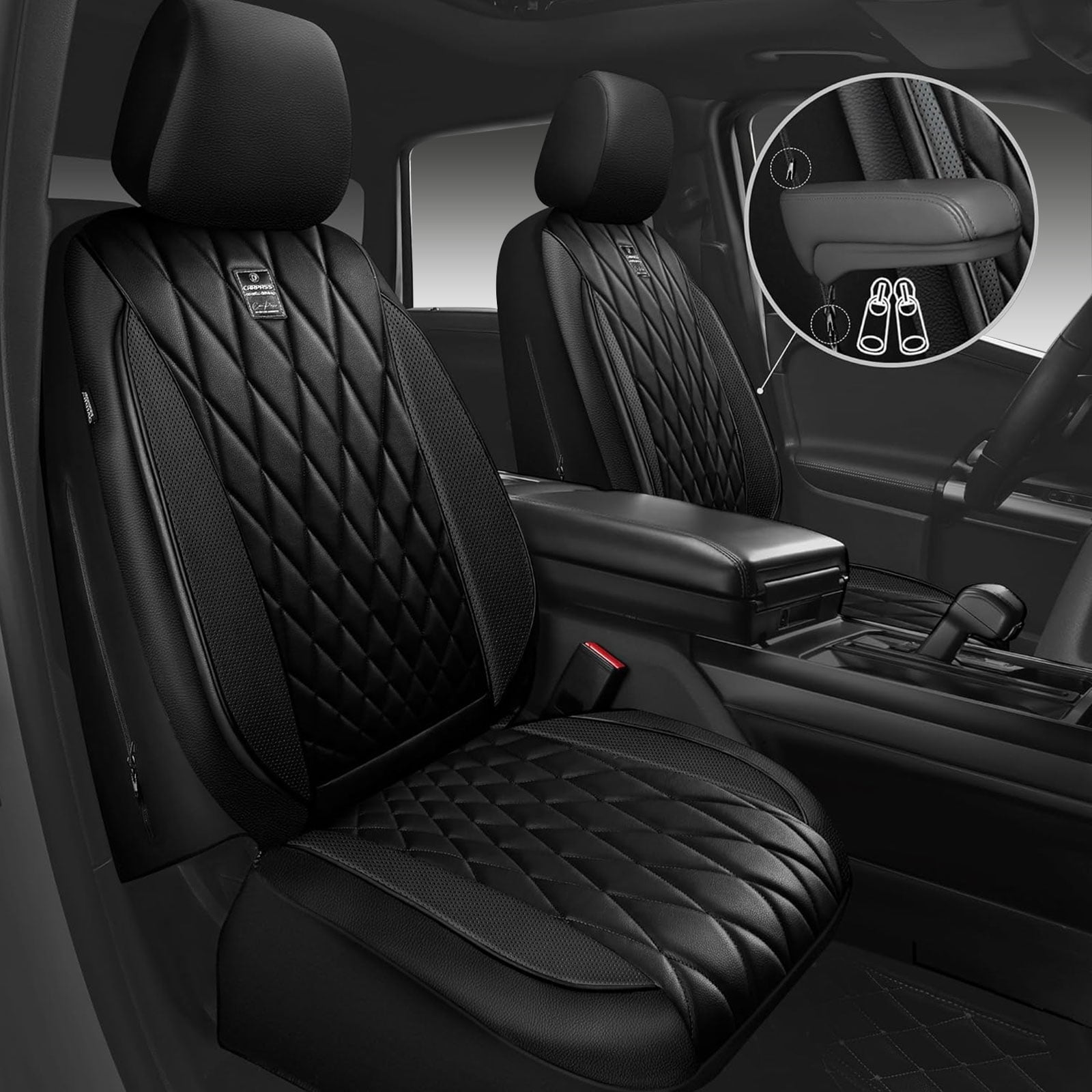 CAR GRAND piping luxury faux PU leathertwo front car seat covers water proof armrest compatible airbag compatible univrsal fit SUV VAN Truck All black
