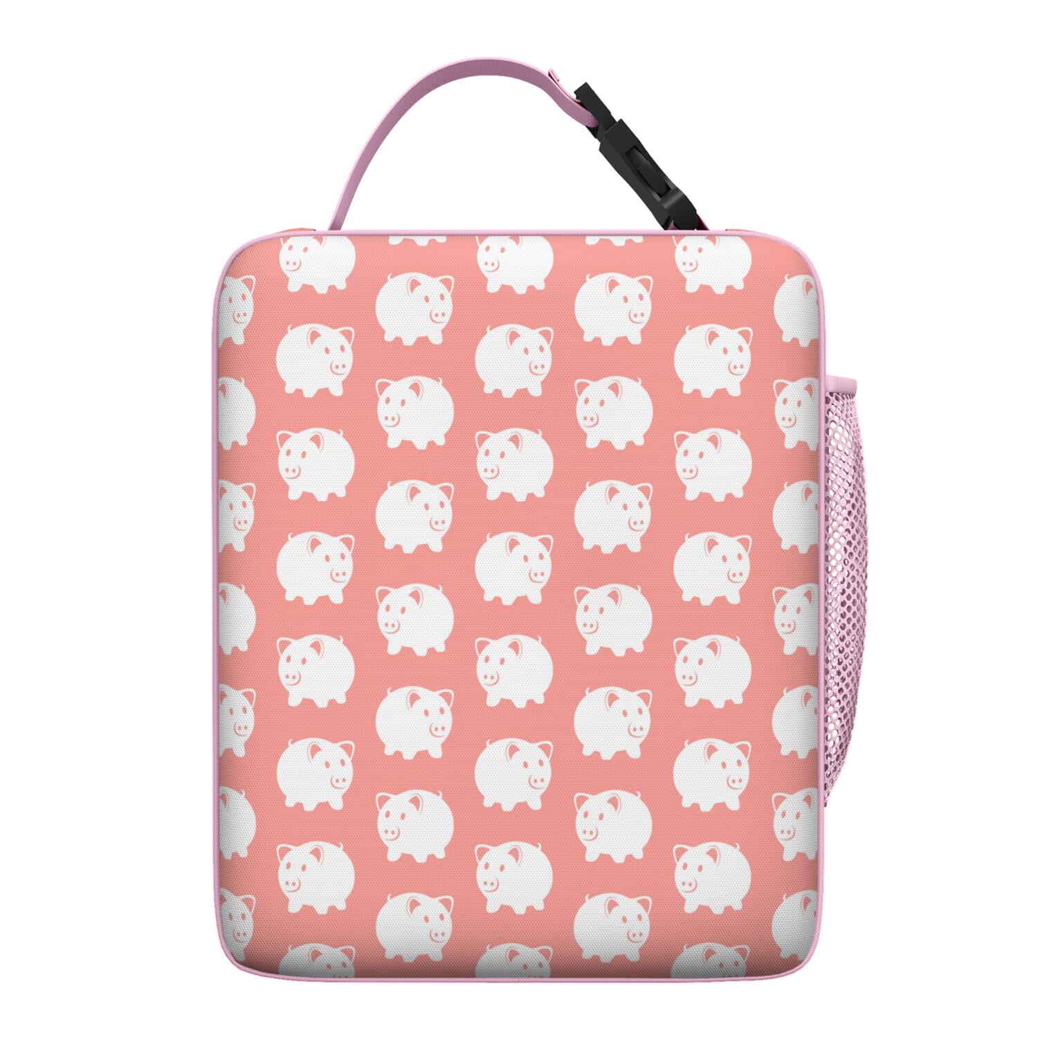 Pink Pig Lunch Bag with Kawaii Cartoon Illustration, Farm Animal Inspired Artistic Print, Watercolor Pig Pattern Insulated Bento Tote for Travel, School, Office