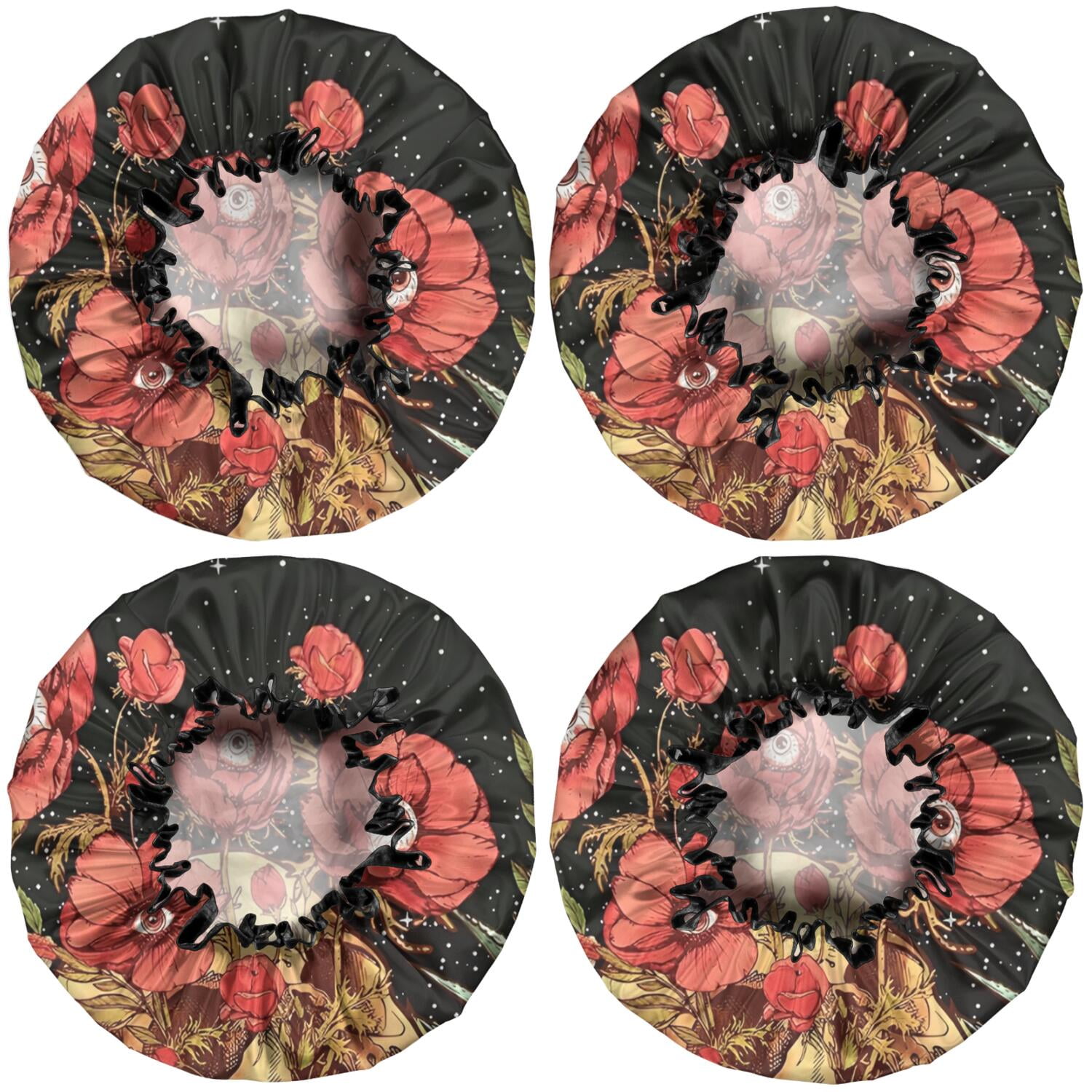 Shower Caps,Black Gothic Skull Flower Pattern Waterproof Shower Cap for Women 4 Pieces,Double Reusable Hair Cover for Shower PEVA Elastic Stretch Hem