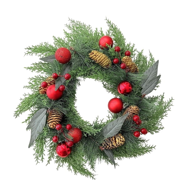 HioHa 16-Inch Christmas Wreath with Red Ornaments & Pinecones, Artificial Floral Wreath with Red Berries & Natural Greenery, for Front Door Home Holiday Spring Party Decor