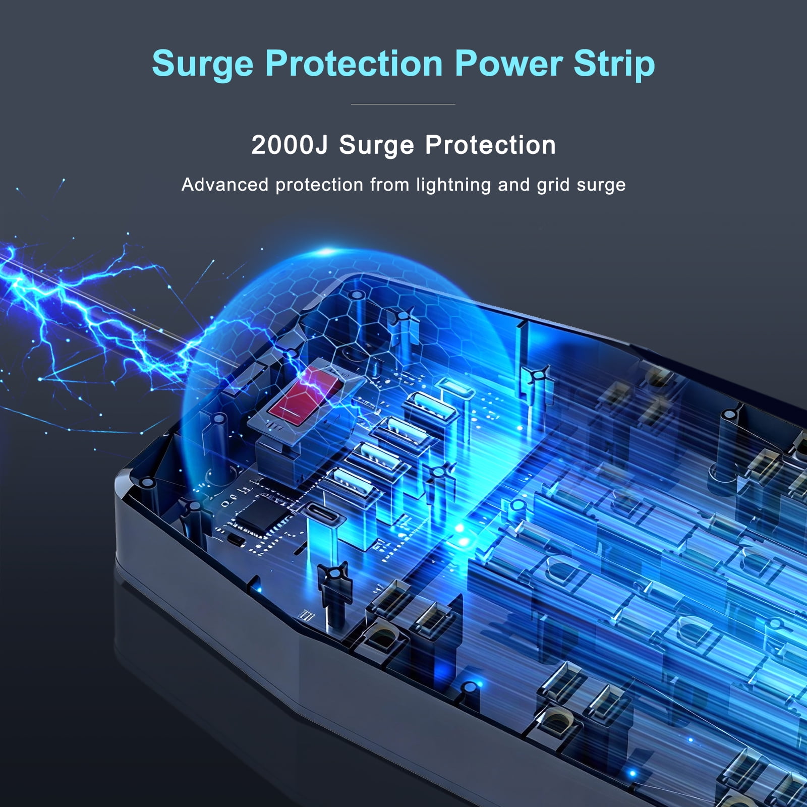 ZHANGONG 2000J Surge Protector Power Strip with 20 Outlets & 6 USB Ports (2 USB-C), 15A 1875W, 6.5ft Extension Cord, Flat Plug, Wall Mountable for Home Office Desk