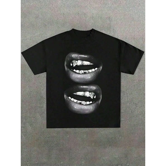 【New Arrival】Cartoon Grills Metallic Mouth Lips Vintage Street Graphic T-Shirt, Unisex Cotton Crew Neck Hip Hop Urban Casual Tee, Rap Culture Novelty Gift