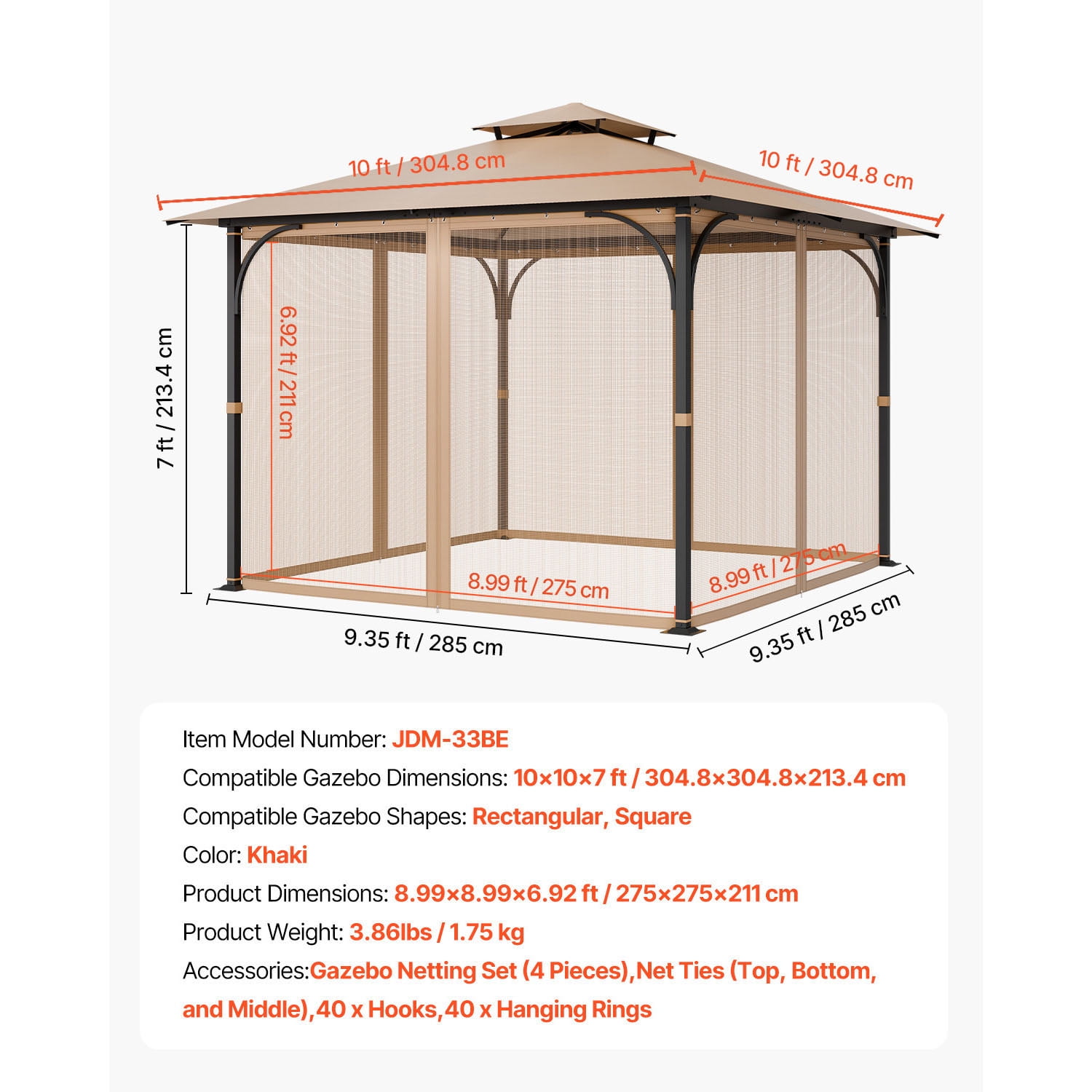 KFFKFF Gazebo Netting Replacement, Compatible with Most 10 x 10 x 7 FT Gazebos, Outdoor Mesh Curtain with 4 Panels, Double Zipper Design, Patio Screen for Insects (Netting Only)