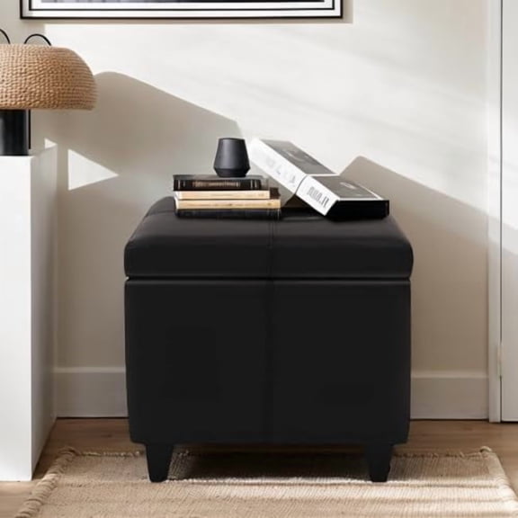 CangLong 18'' Square Storage Ottoman,Faux Leather Foot Rest Stools with Storage for Entryway,Bedroom & Living Room,Black