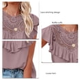 thumbnail image 4 of Mujeres de manga corta con volantes Tops de moda Casual Pure Color cuello redondo mujeres verano Ruffle manga corta blusa de encaje púrpura M, 4 of 5