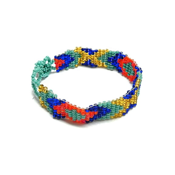 Multicolored Geometric Pattern Guatemalan Czech Glass Seed Beaded Thin Strap Bracelet - Womens Fashion Handmade Jewelry Boho Accessories