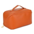 thumbnail image 1 of Bolsa de maquillaje de viaje, bolsa de maquillaje de apertura grande, bolsa de maquillaje portátil que se abre plana para fácil acceso, bolsa de maquillaje de cuero PU, organizador de cosméticos, 1 of 5