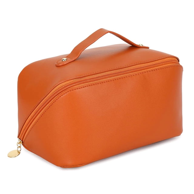 Bolsa de maquillaje de viaje, bolsa de maquillaje de apertura grande, bolsa de maquillaje portátil que se abre plana para fácil acceso, bolsa de maquillaje de cuero PU, organizador de cosméticos