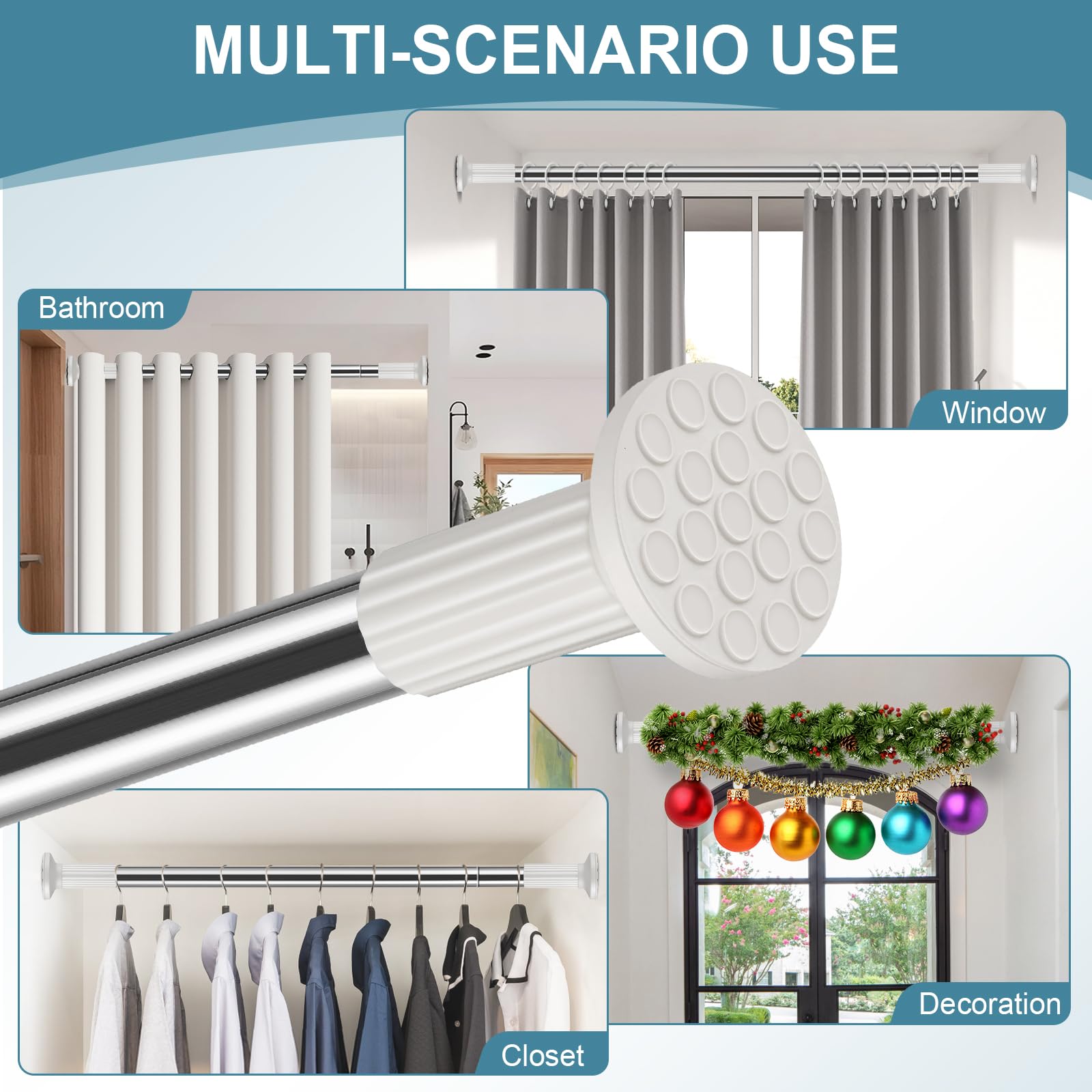 Shower Curtain Rod 51-168 In Long Outdoor Tension Curtain Rod for Patio, Adjustable Curtain Rod No Drilling, Spring Tension Rod for Bathroom Window Easy to Install No Rust, Stainless Steel, White