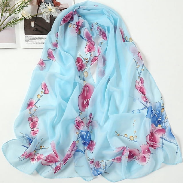 Nvzi Elegante bufanda cuadrada, nueva bufanda de gasa, moda de primavera, bufanda fina estampada, decoración, chal protector solar, 1 pieza (azul)
