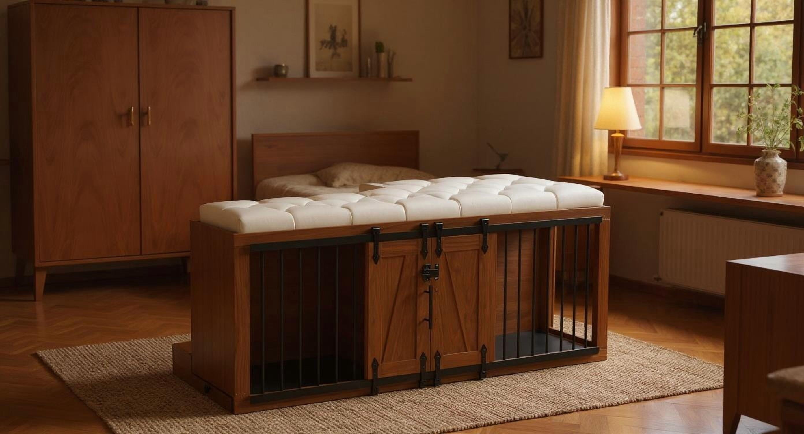 Euroco 56"L, Furniture Style 2 in 1 Dog Crate with Padded Seat, Sliding Barn Door, Luxury Wooden Dog Kennel, End of Bed Bench Ottoman with Removable Cushion for Bedroom, Living Room, Walnut