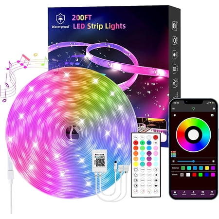 Outdoor waterproof LED strip lights 200 FT (2 rolls 100 FT), application/remote control, IP65 waterproof, music synchronized RGB color changing LED light, courtyard swimming pool roof decoration