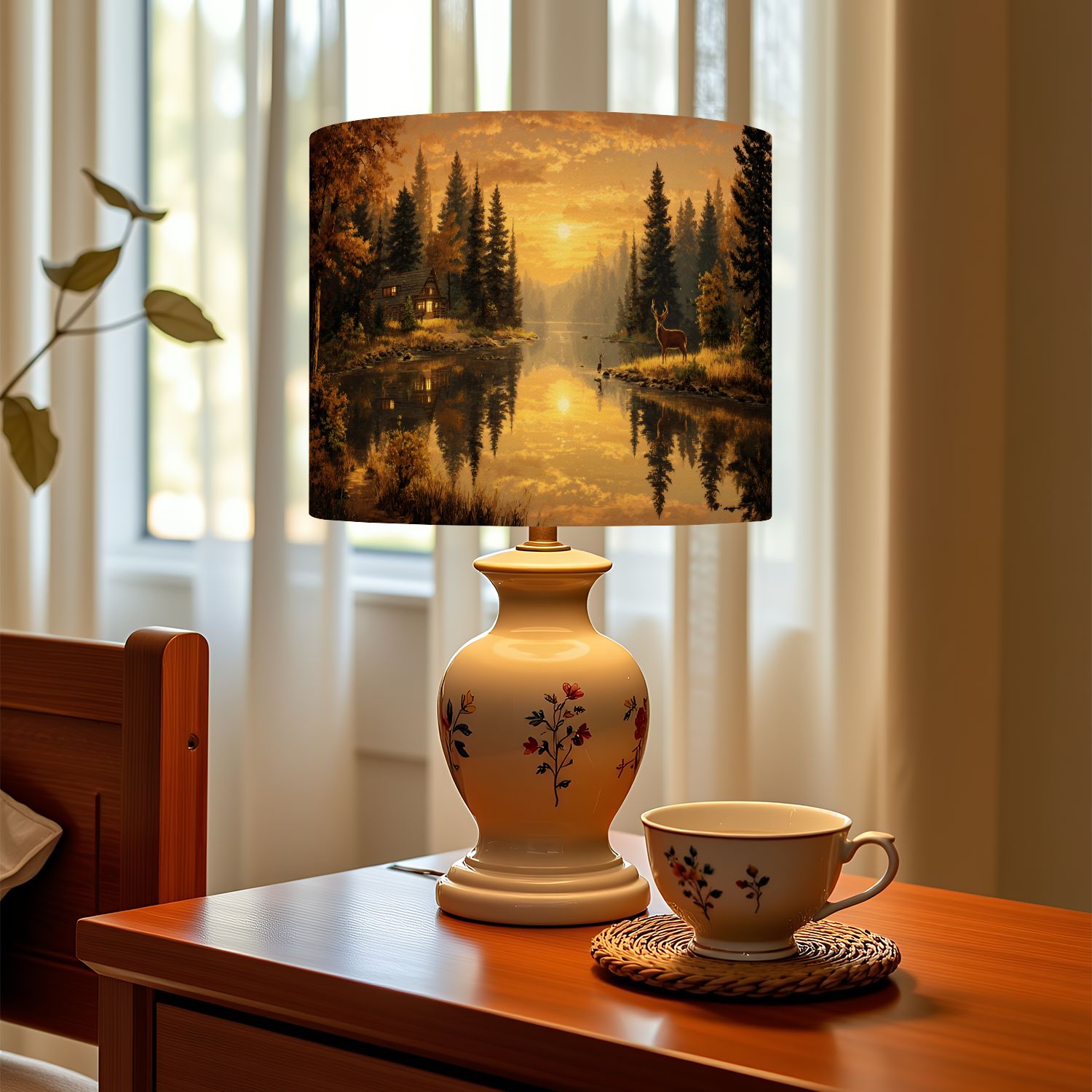 Linen Drum Lampshades Deer Autumn Rustic Forest Cabin Wildlife Elk Hunting Modern Deer Buck 13"x13"x10" Light Shade for Table Lamps Drum Lamp Shades Lampshade Replacement Assembly Required