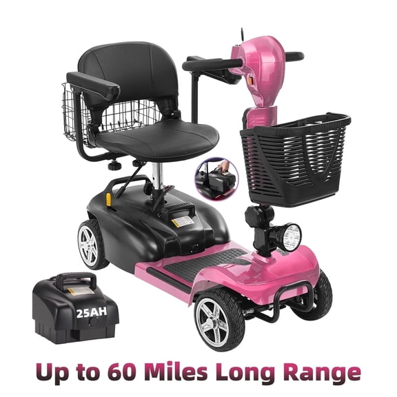 MS07 60 Miles Long Range 4 Wheels Electric Mobility Scooter for Adults/Seniors, Powered Wheelchair Device with 25Ah Extended Battery, Dual Baskets, Rotating Seat, Compact Duty Mobile for Travel