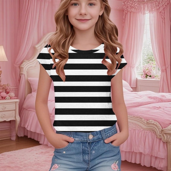 Piuwrlz Kid Round Neck T-Shirts Girls Short Sleeve Sweatshirt Printed Blouses Undershirt Shirt Top Black Size 14 Years