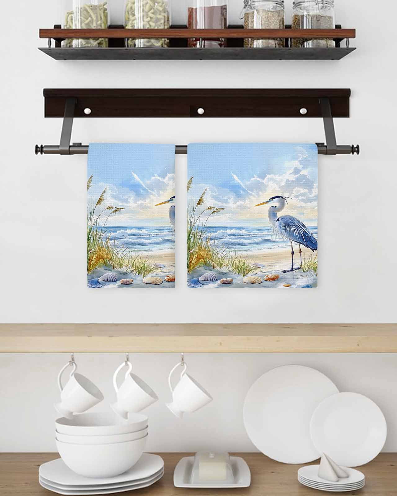 Coastal Birds Kitchen Dish Towels for Drying Dishes Set of 2, Blue Sky Heron Seabird Tropical Beach Waffle Weave Microfiber Terry Hand Tea Bathroom Towels Quick Dry & Absorbent Towel 15.7x23.6