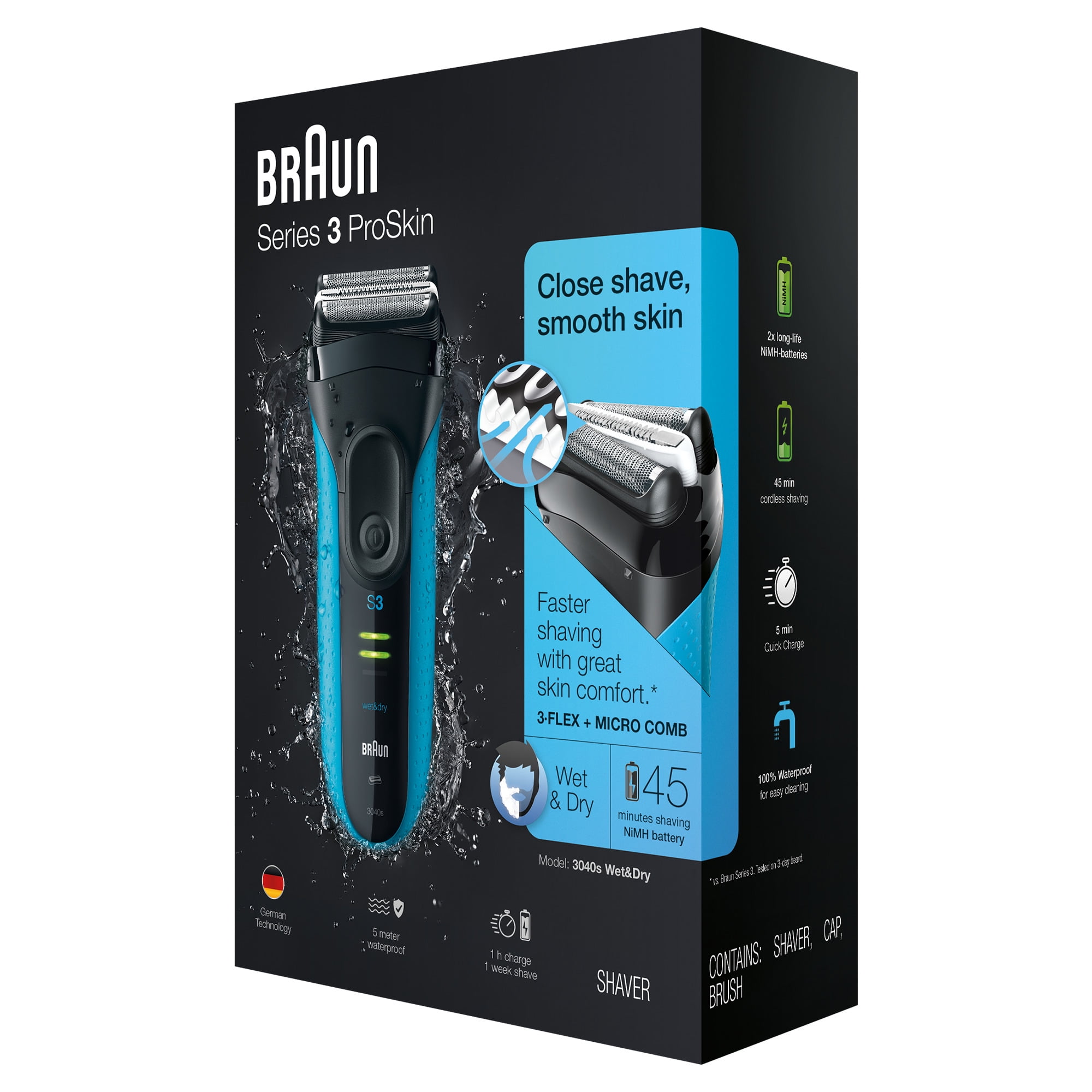 Braun-afeitadora en húmedo y seco Serie 3 ProSkin 3040s para hombre, con  cordón, protectora, cepillo