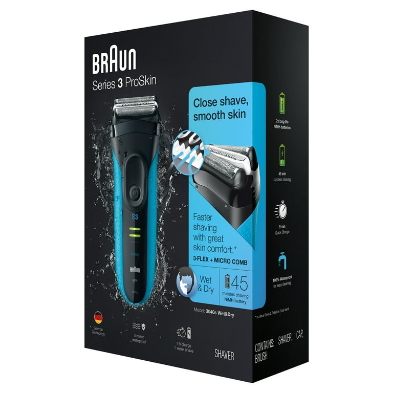 Braun Series 3 ProSkin 3040s Dry Electric Stand Charging Shaver, Wet