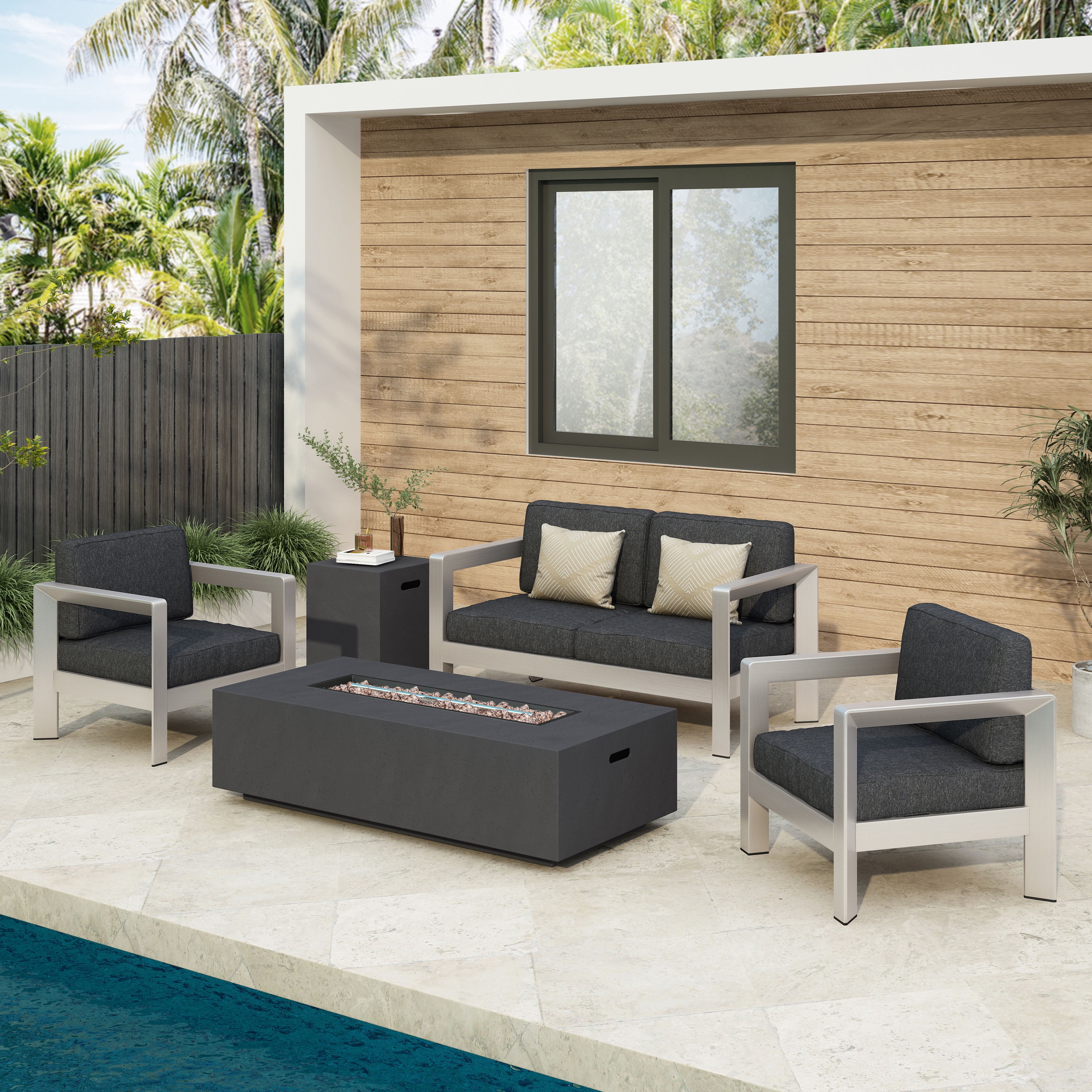 Grace Outdoor 5 Piece Aluminum Chat Set with Fire Pit and Tank Holder, Silver, Dark Gray, Dark Gray