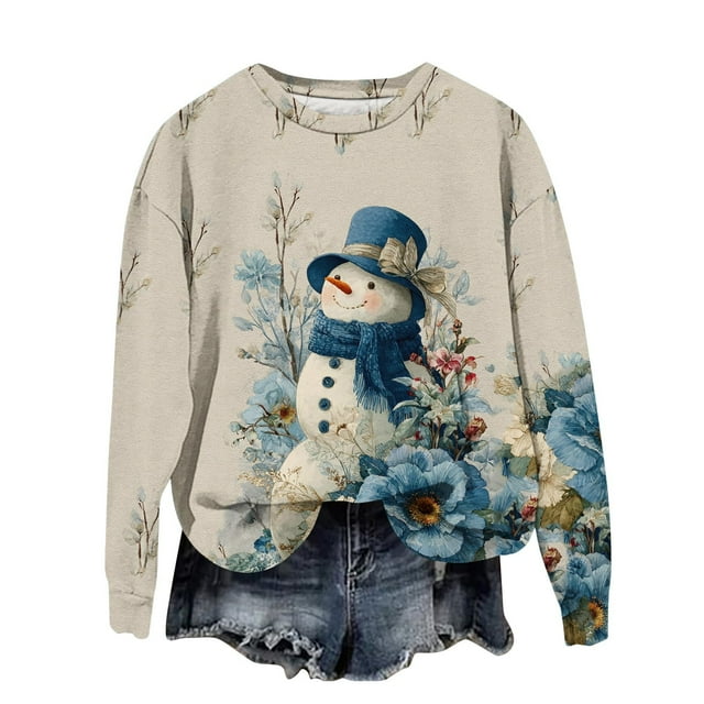 Chandails en Molleton de Noël pour Femmes Grande Taille Col Rond Imprimé Père Noël Manches Longues Vêtements d'Automne Amusants Mode Hiver