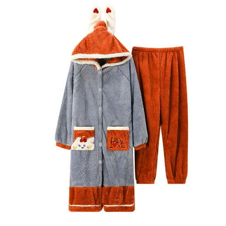 

PIKADINGNIS FUNISHI Winter Pajamas Cartoon Nightdress Coral Fleece Loose Version Hooded Inspissate Women Sleepwear Plus Size Pajama Set