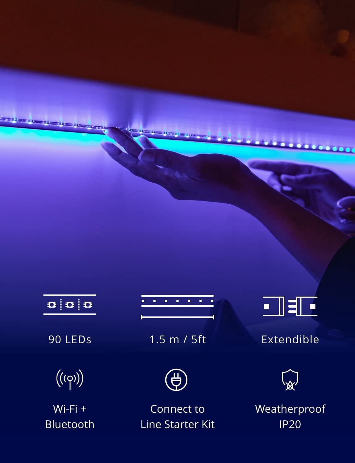 Twinkly Line – Extension Kit App-Controlled Adhesive + Magnetic LED Light Strip with RGB (16 Million Colors) LEDs. Extendable. 5 feet. White Strip. Indoor Smart Home Decoration Light