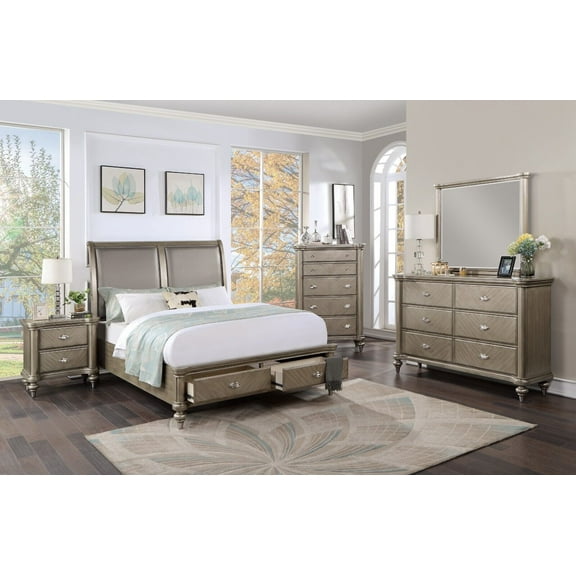 Bedroom Furniture 6pc Set Cal King Size Bed w Storage Drawers FB Dresser Mirror Nightstands Chest Grey Wooden Classic HB FB