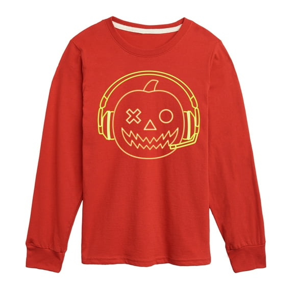 Instant Message - Neon Pumpkin with Headphones - Toddler & Youth Long Sleeve Graphic T-Shirt