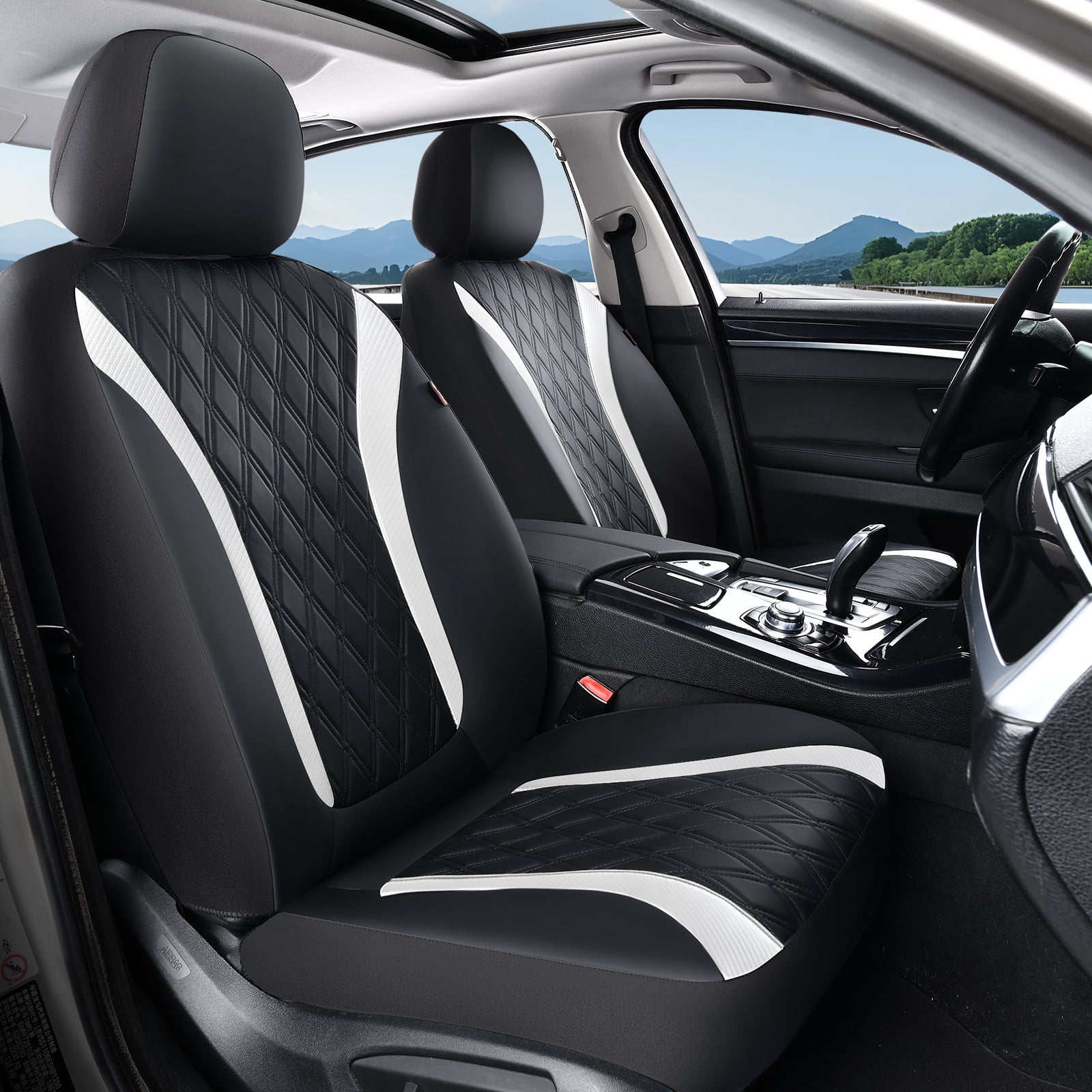 Coverado Car Seat Covers, Faux Leather with Carbon Fiber Front Car Seat Protectors, 4 Pieces Universal Fit for Most Cars SUV Trucks, Black&White