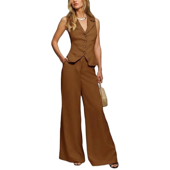 Women Two Piece Snapbutton Short Suit Vest and Wide Leg Pants Set