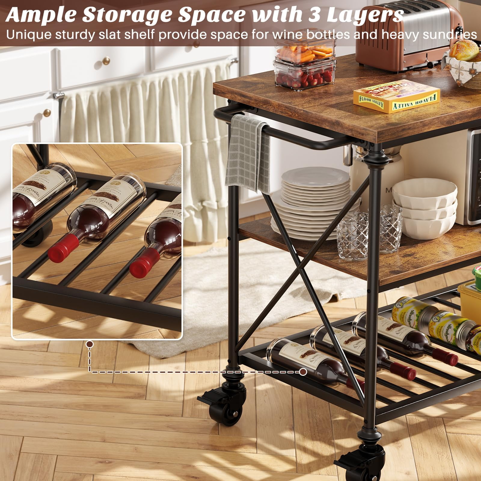 Aheaplus 3-Tier Rolling Kitchen Island with Locking Wheels – Industrial Wood Top Cart for Extra Storage, Mobile Prep Space & Coffee Bar – Easy Assembly,Rustic Brown