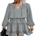 thumbnail image 2 of Femmes Mini Robe à Manches Longues Laçage Solide Plissée Robe d'Été d'Été pour Tous les Jours, 2 of 9