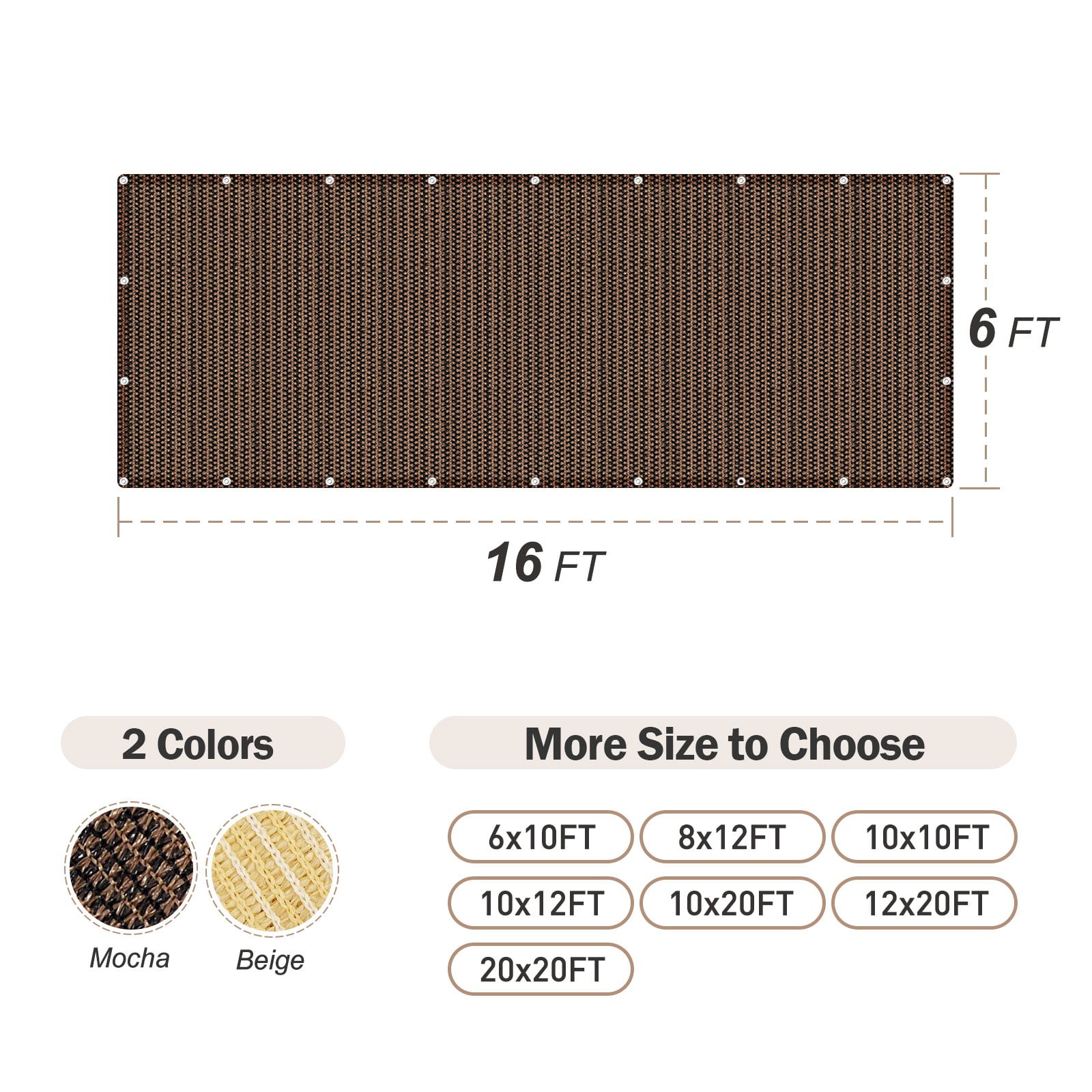 Sun Shade Cloth with 90% UV Protection for Garden, Patio, Deck, and Pergola, Outdoor Sunblock Shade Cloth with Reinforced Grommets, Mocha 6FTx16FT
