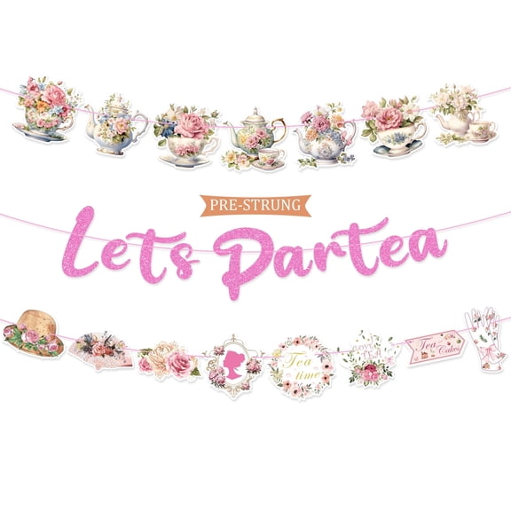 Wowhub 3 Pcs Let's Partea Tea Party Banner Decorations, Pink Glitter Vintage Floral Teacup Design for Bridal Shower, Baby Shower & Garden Party