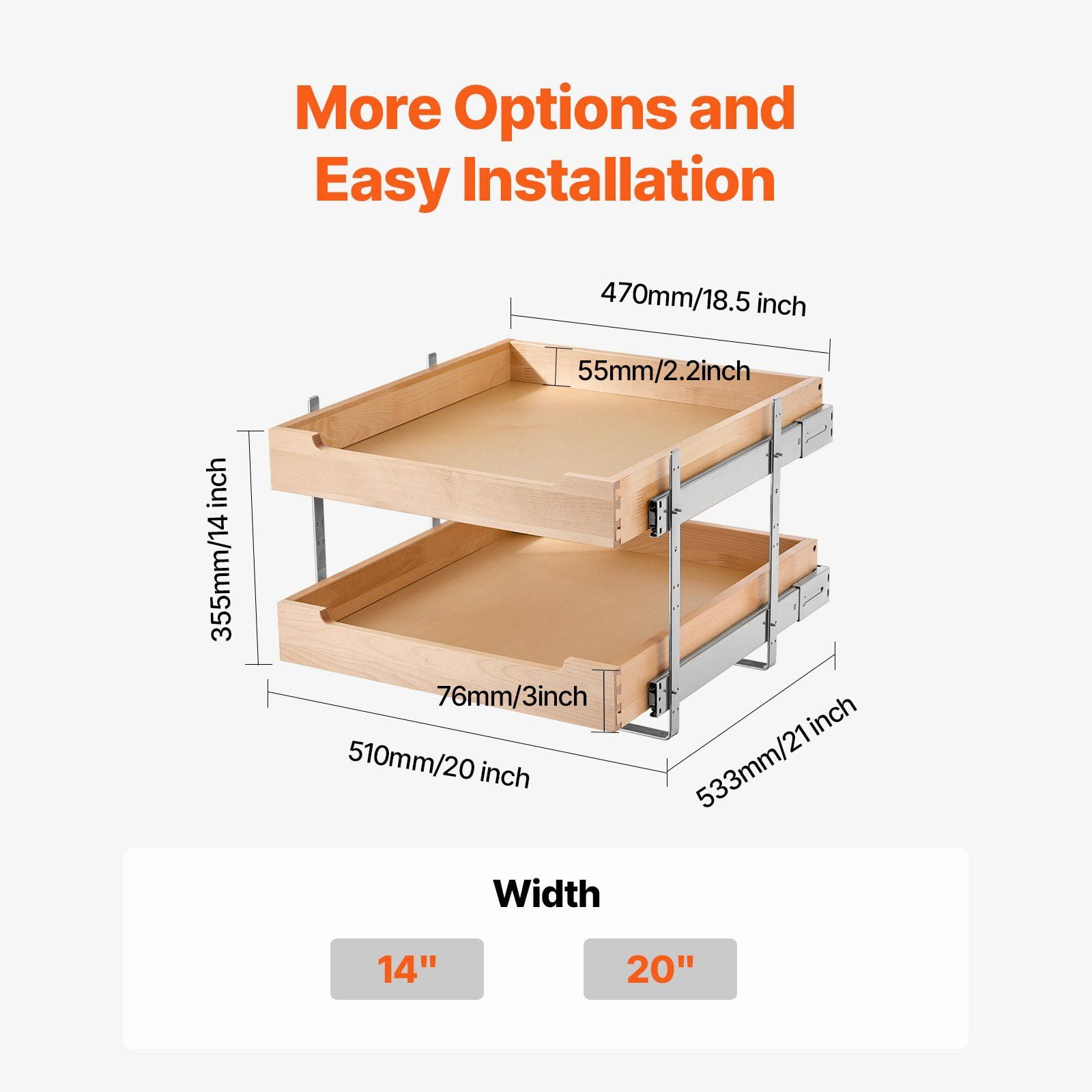 2 Tier Pull Out Cabinet Organizer with Soft Close Slides, Solid Birch Wood Drawer 20"W x 21"D, Adjustable Height Kitchen Storage Drawer for Base Cabinets, Under Sink & Pantry Organization