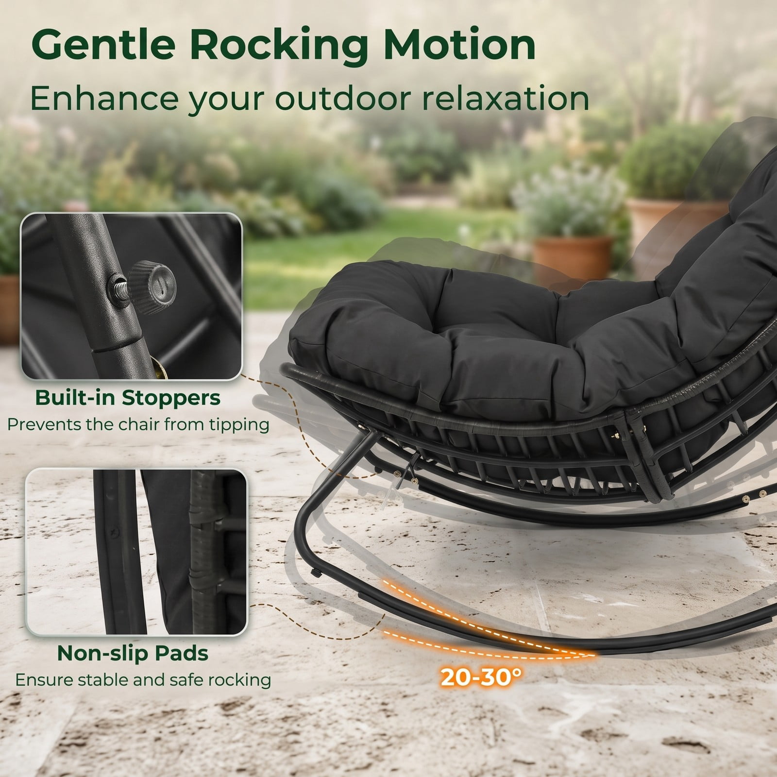 Furnibear Outdoor Papasan Rocking Chair, Egg-Shaped PE Rattan Wicker Glider Rocker with Thick Removable Cushion and Non-Slip Pads for Patio Porch Backyard, 400, Black