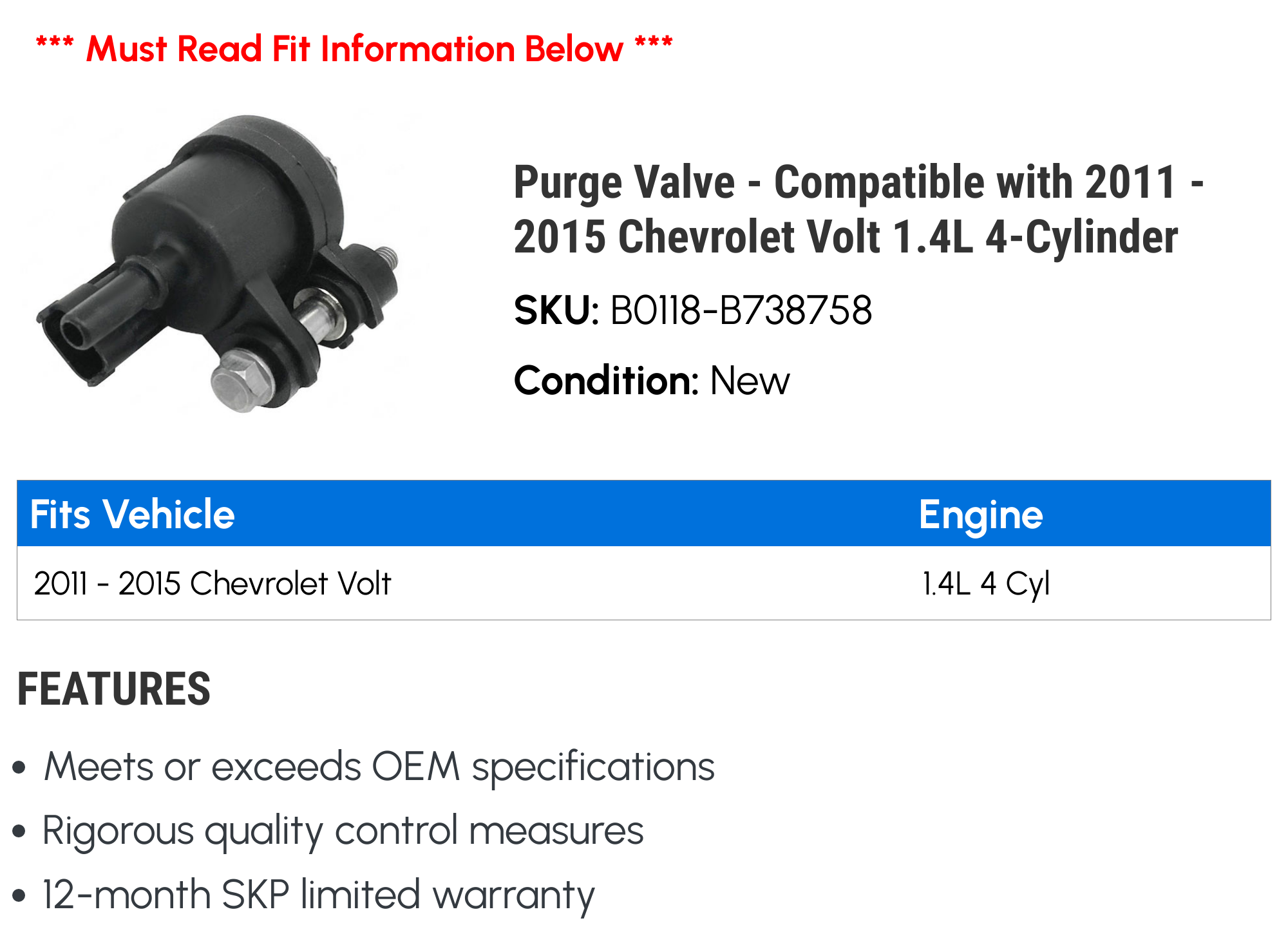 Purge Valve - Compatible with 2011 - 2015 Chevy Volt 1.4L 4-Cylinder 2012 2013 2014