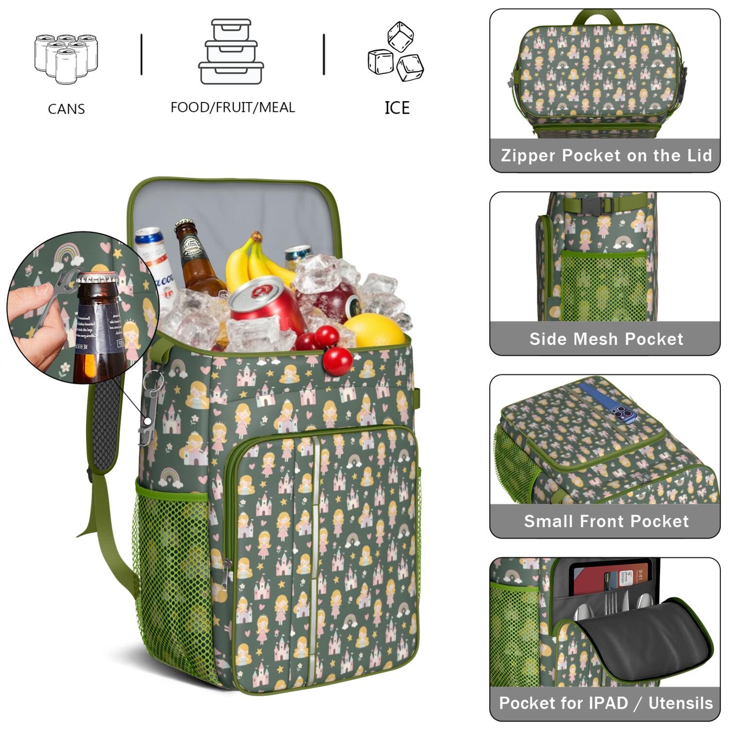 Travel Cooler Bag - Dark Green Princess Castle Pattern Camping Beer Cooler Backpack with Bottle Opener- Waterproof Insulated Picnic Backpacks - Cooler Bag for Beach