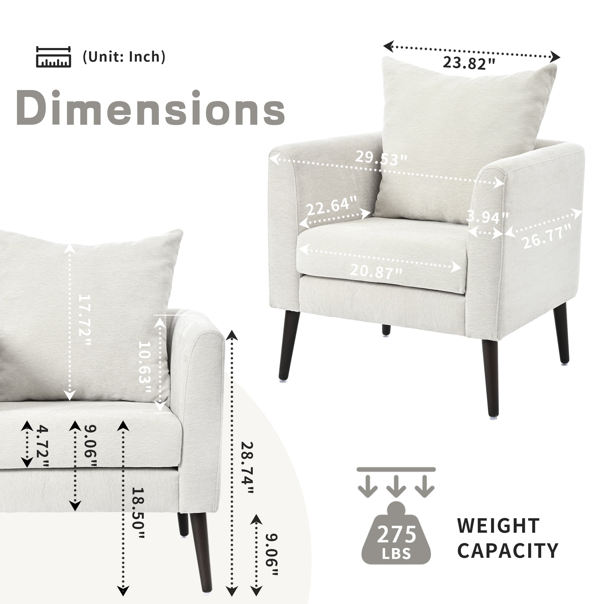 Barrel Accent Chair Upholstered Armchair with Back Pillow Modern Reading Chairs for Living Room, Beige