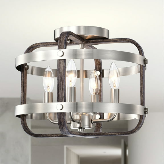 Kasia 14 in. 4-Light Indoor Satin Silver and Faux Wood Grain Finish Flush Mount with Light Kit