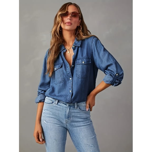 JILLUMI Women's Denim Shirt, Long Sleeve Button Down Jean Blouse with Pockets